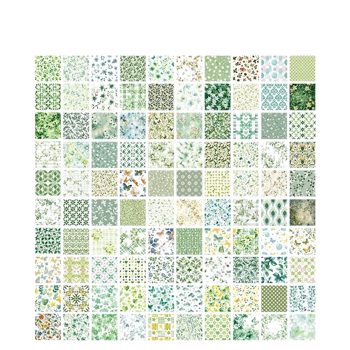 A collection of 100 green-toned vintage scrapbooking papers with floral botanical and geometric patterns for journaling