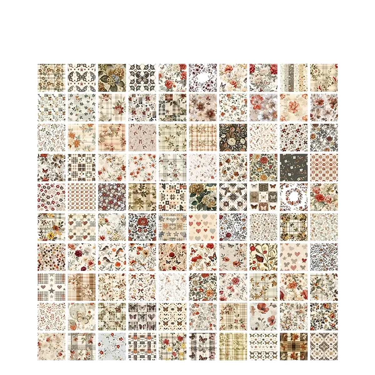 A collection of 100 vintage scrapbooking paper stickers with floral butterfly and plaid patterns in earth tones