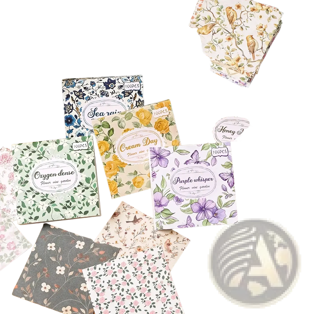 Vintage scrapbooking paper packs featuring floral botanical designs in soft pastel and earthy tones for journaling supplies