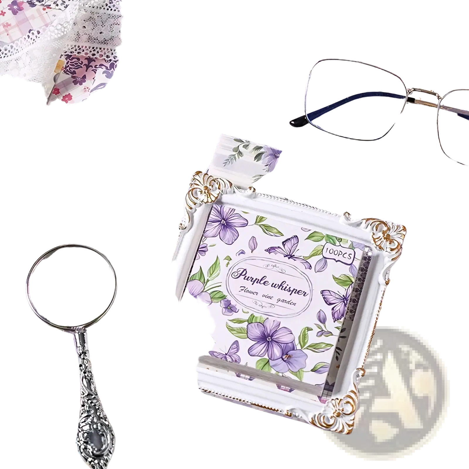 A decorative white picture frame with gold ornate detailing featuring a purple whisper floral design vintage scrapbooking paper