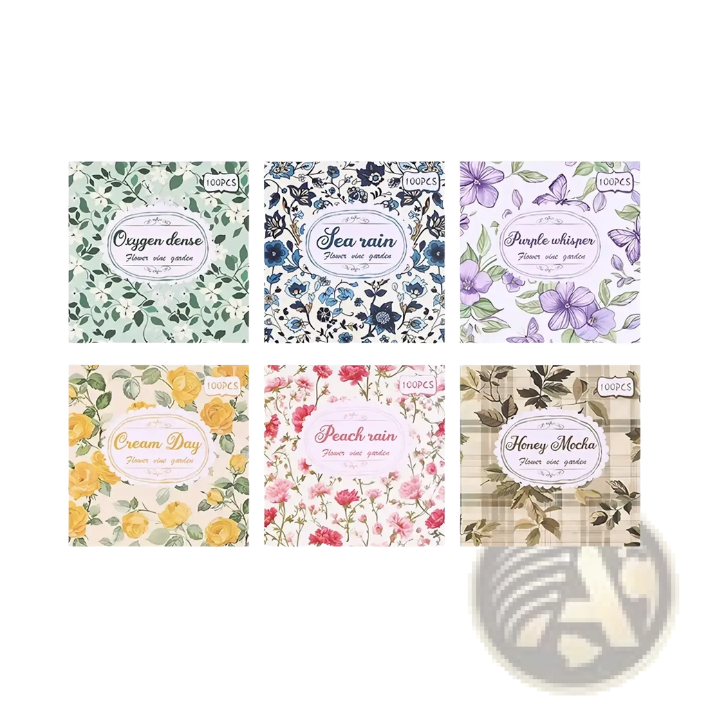 Six floral-patterned vintage scrapbooking paper packs with unique names and delicate pastel botanical illustrations
