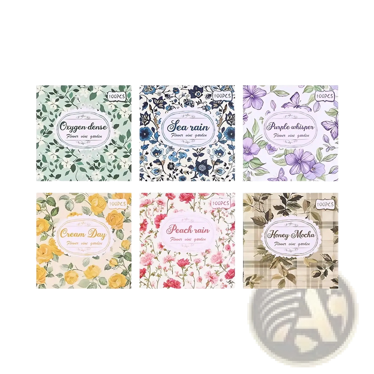 Six floral-patterned vintage scrapbooking paper packs with unique names and delicate pastel botanical illustrations