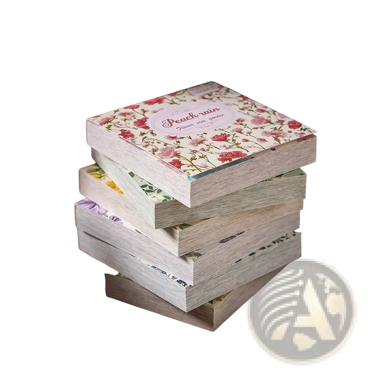 Stack of vintage scrapbooking paper sticky notes with floral patterns on distressed white wood-grain finish