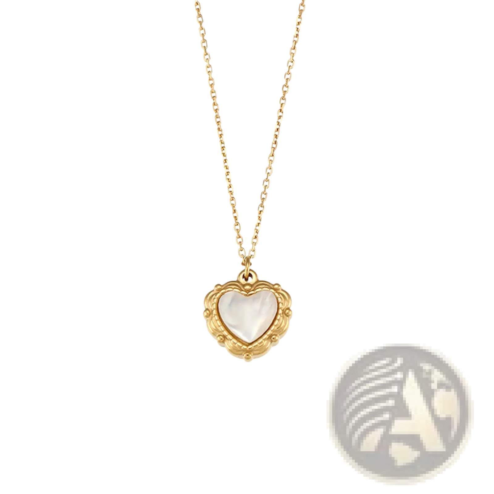 Vintage shell heart pendant 18k gold plated necklace with a gold scalloped frame and mother-of-pearl center