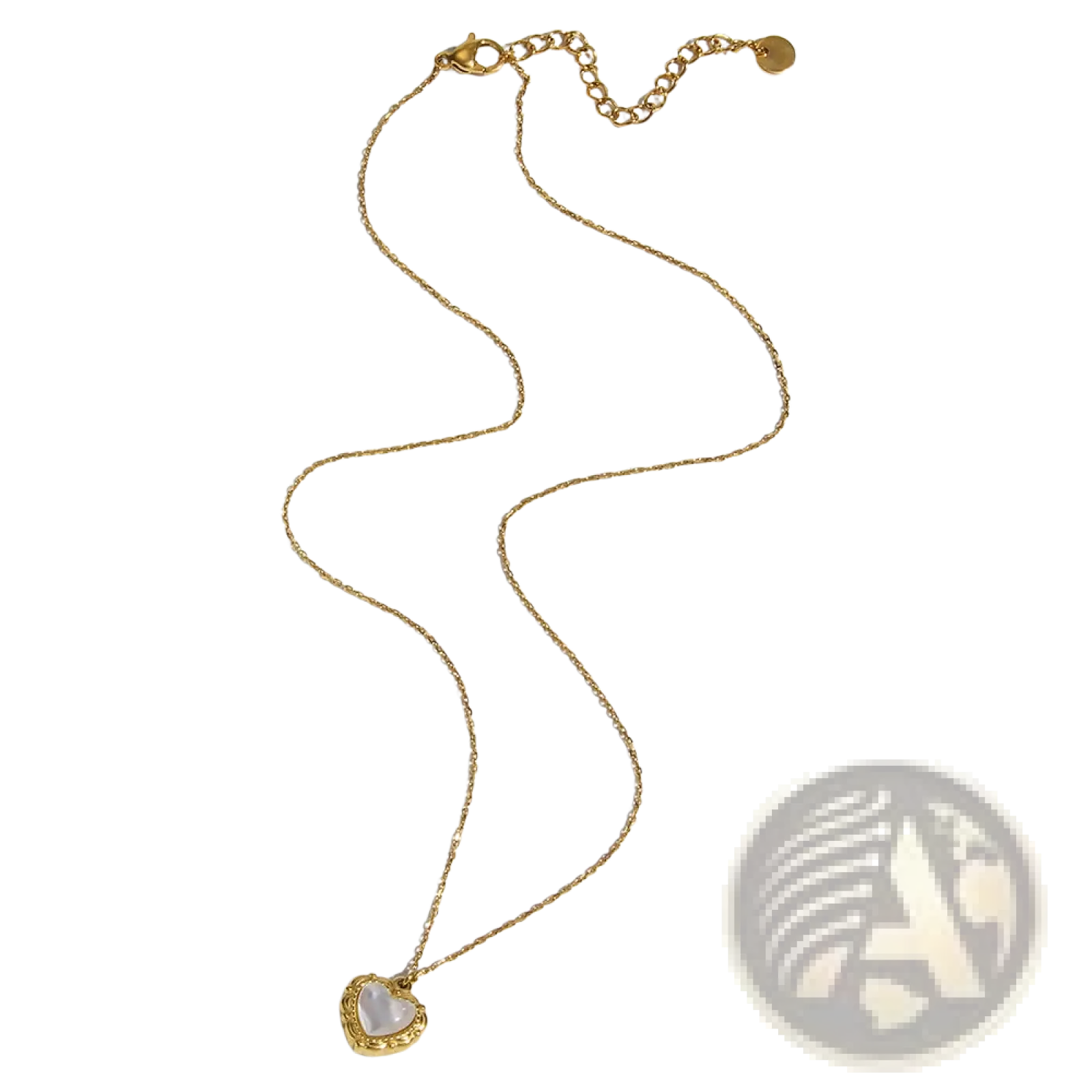 Vintage shell heart pendant 18k gold plated necklace with a white lustrous stone set in an ornate gold frame