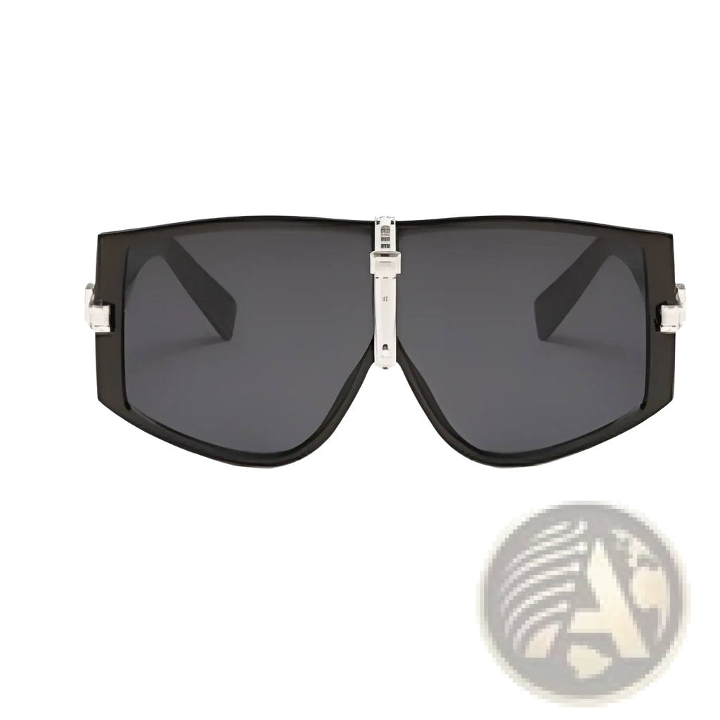 Black rectangular Vintage Shield UV400 sunglasses with silver metallic accents and dark gray lenses in a futuristic oversized style