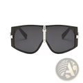 Black rectangular Vintage Shield UV400 sunglasses with silver metallic accents and dark gray lenses in a futuristic oversized style