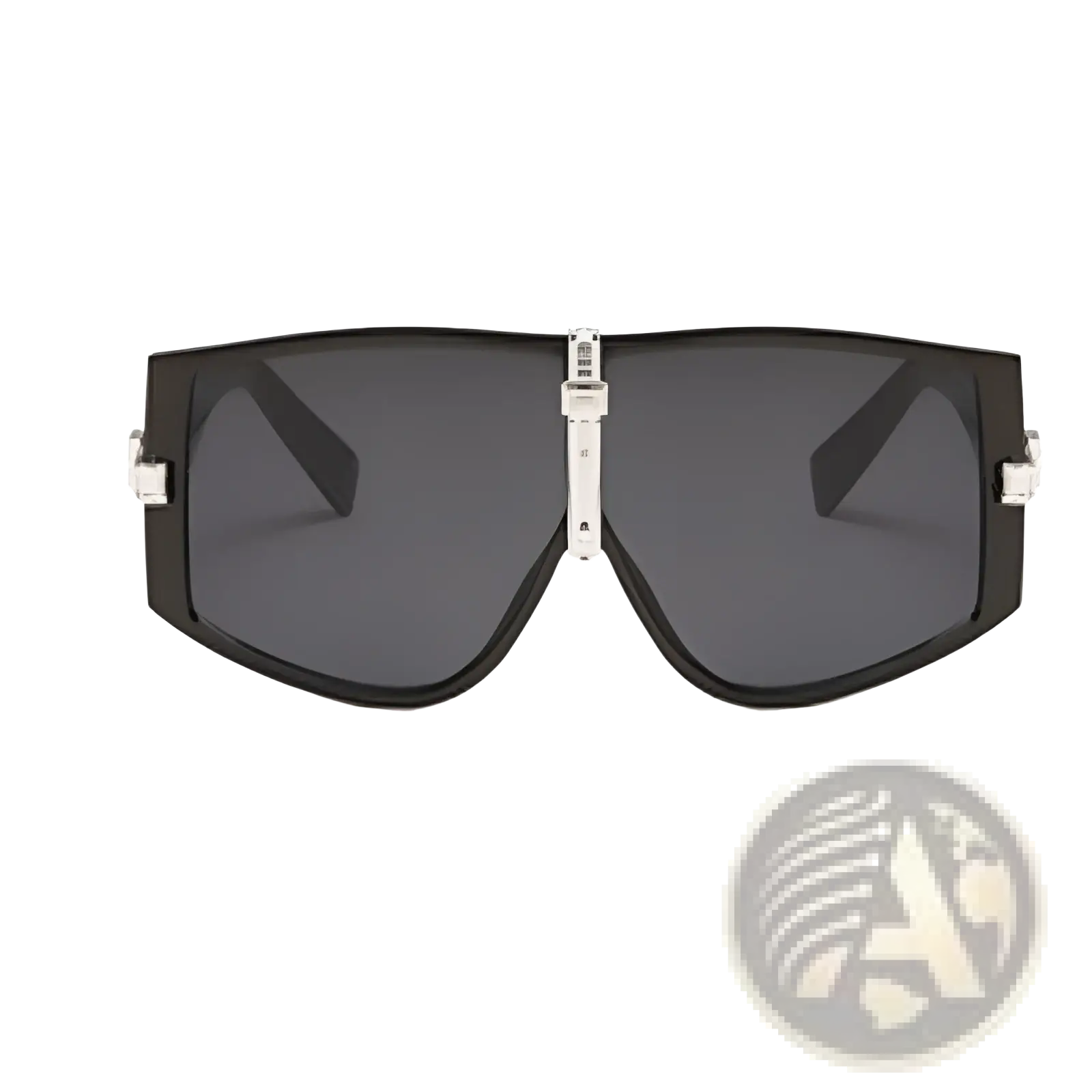 Black rectangular Vintage Shield UV400 sunglasses with silver metallic accents and dark gray lenses in a futuristic oversized style