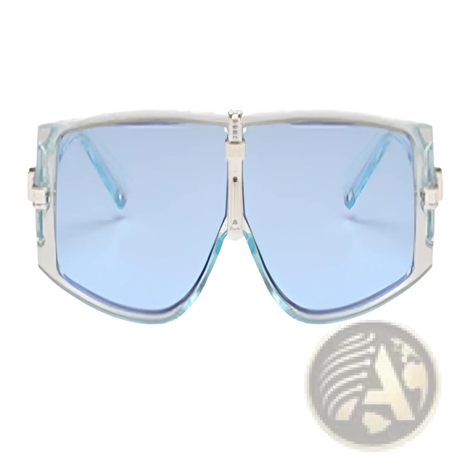 Vintage shield uv400 futuristic oversized sunglasses with blue gradient lenses, translucent silver frame, and metallic accents