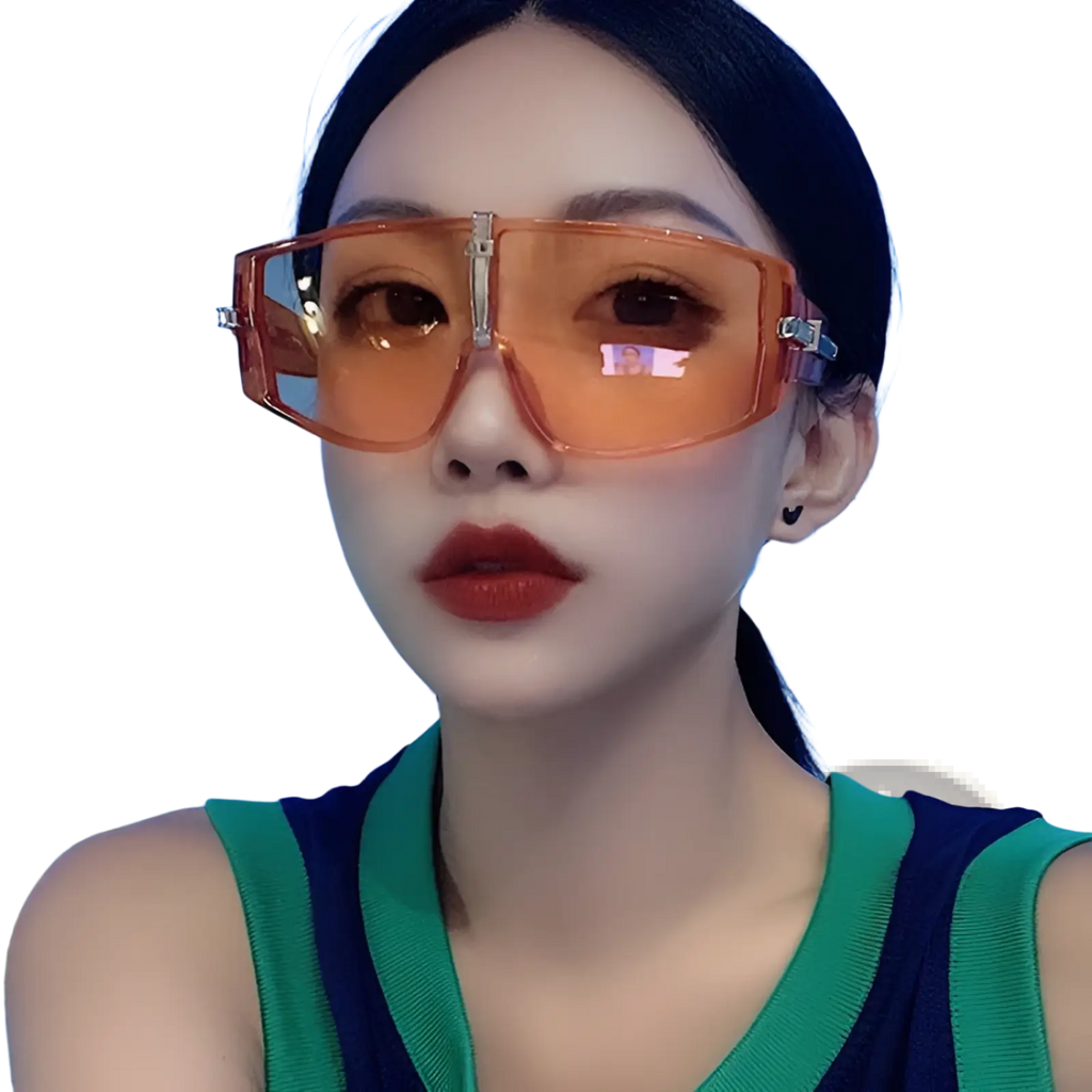 Vintage shield uv400 futuristic oversized sunglasses with orange-tinted geometric frames and metallic accents