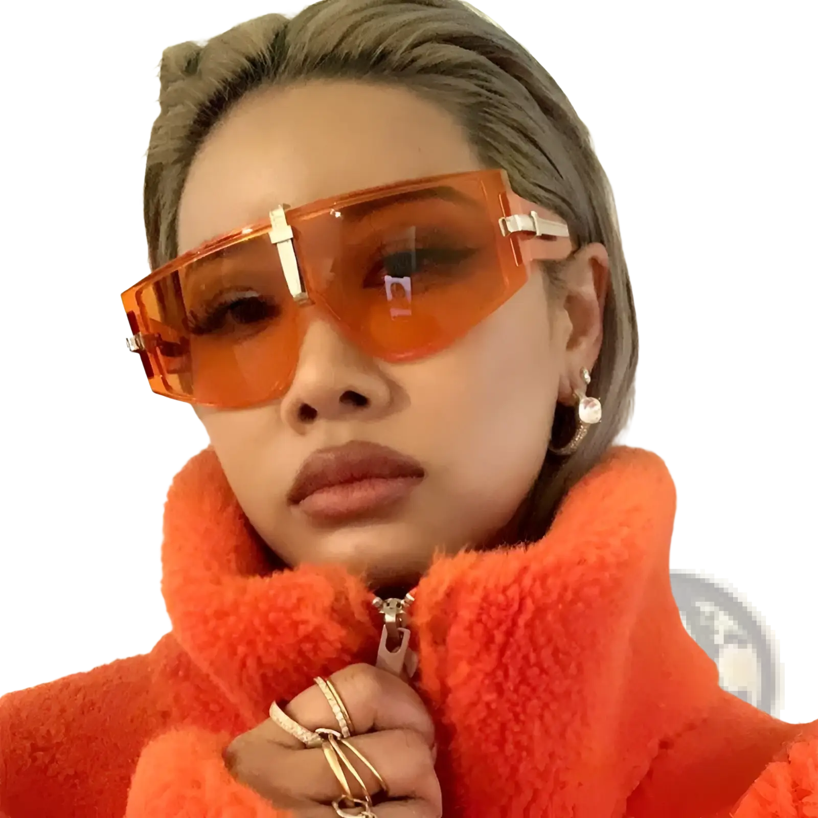 Vintage shield uv400 futuristic oversized sunglasses with orange translucent lenses and silver metallic frame accents
