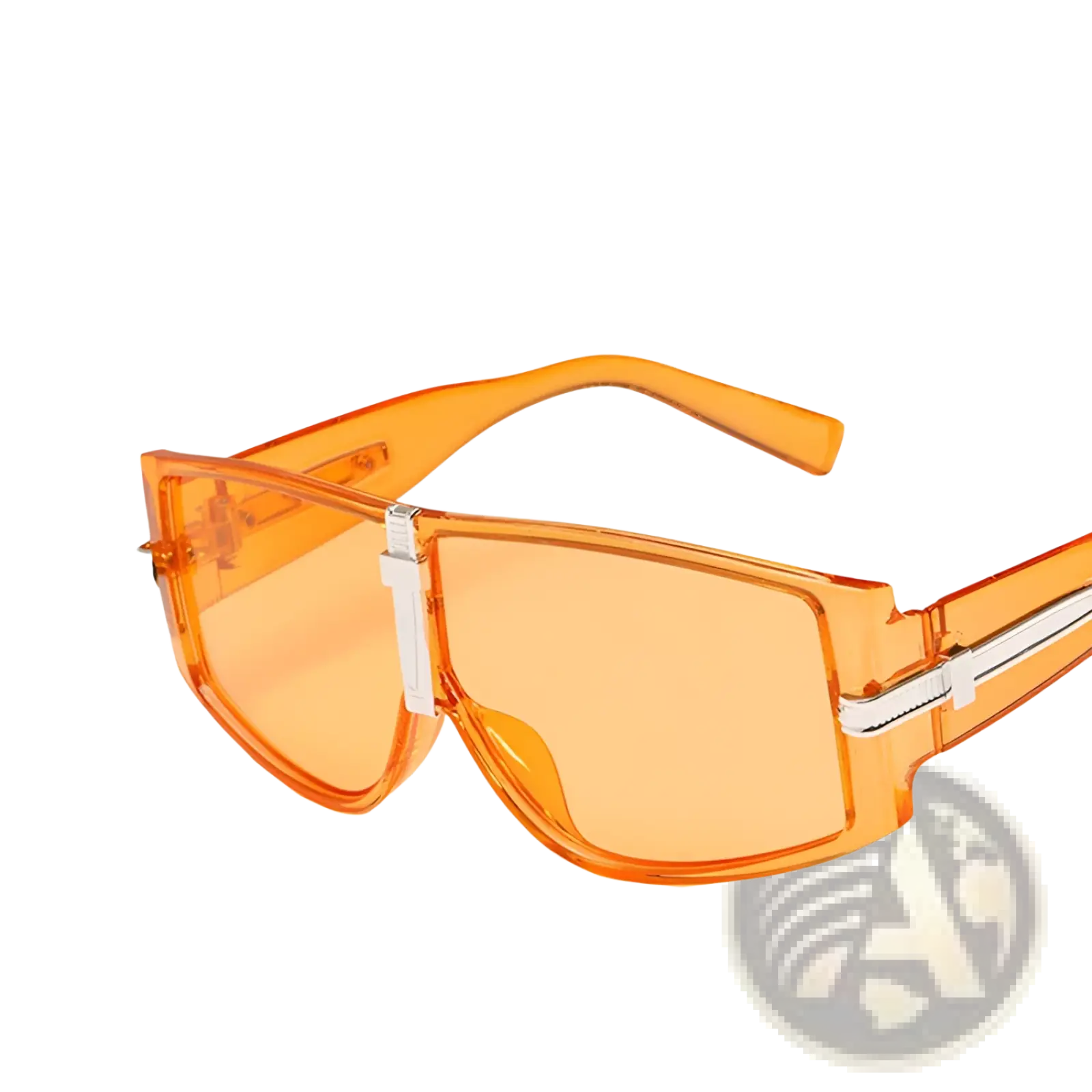 Vintage shield uv400 futuristic oversized sunglasses in orange translucent plastic with silver metallic frame accents