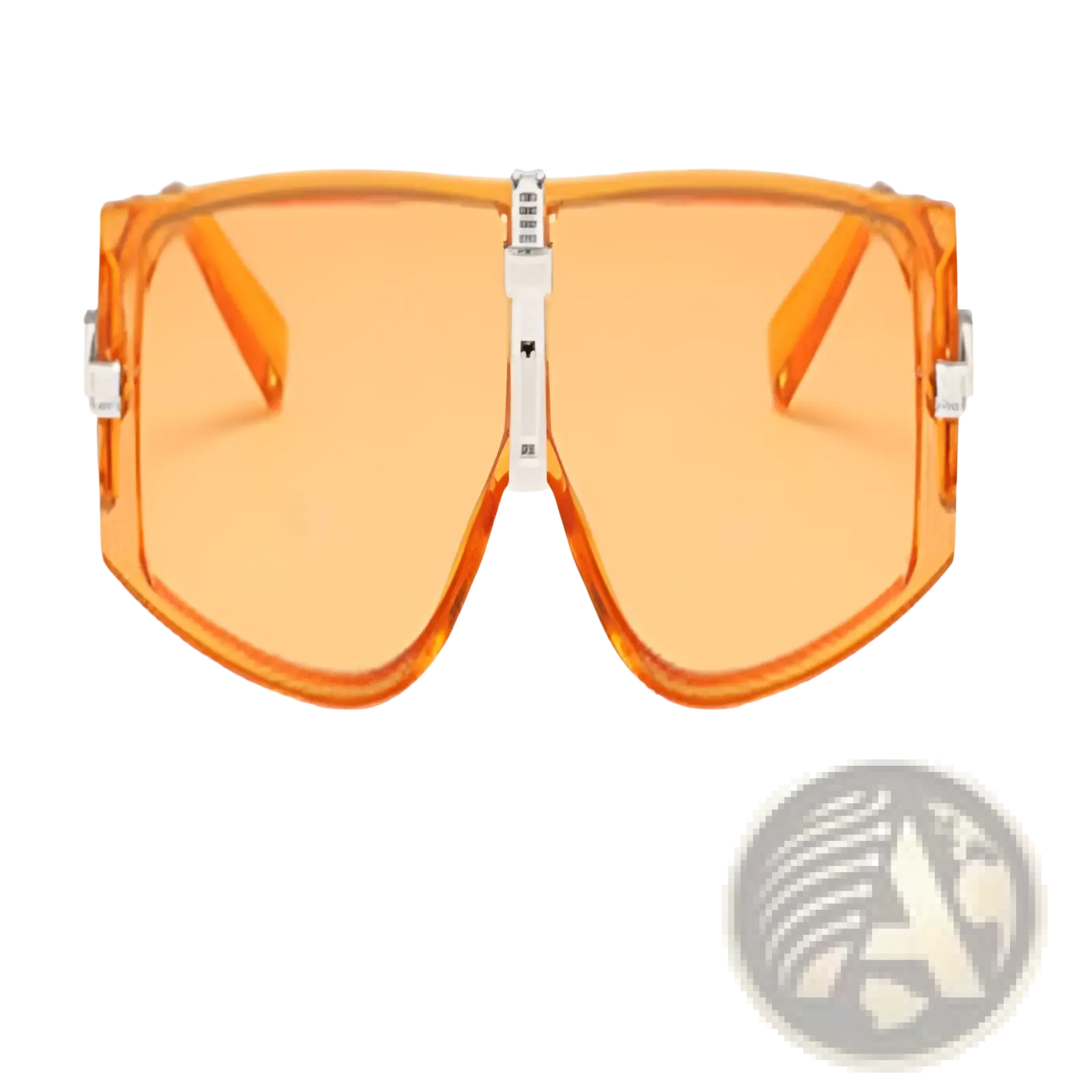 Vintage shield uv400 futuristic oversized sunglasses in orange translucent plastic with bold rectangular frame and silver accents