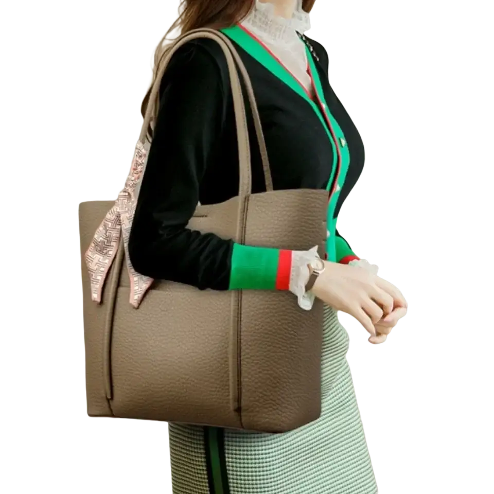 Beige vintage shoulder bag large soft leather tote with green and red striped shoulder strap