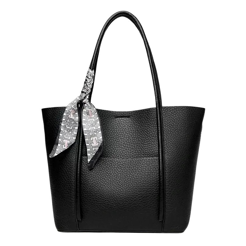 Black pebbled leather vintage shoulder bag large soft leather tote with patterned scarf tied to one handle