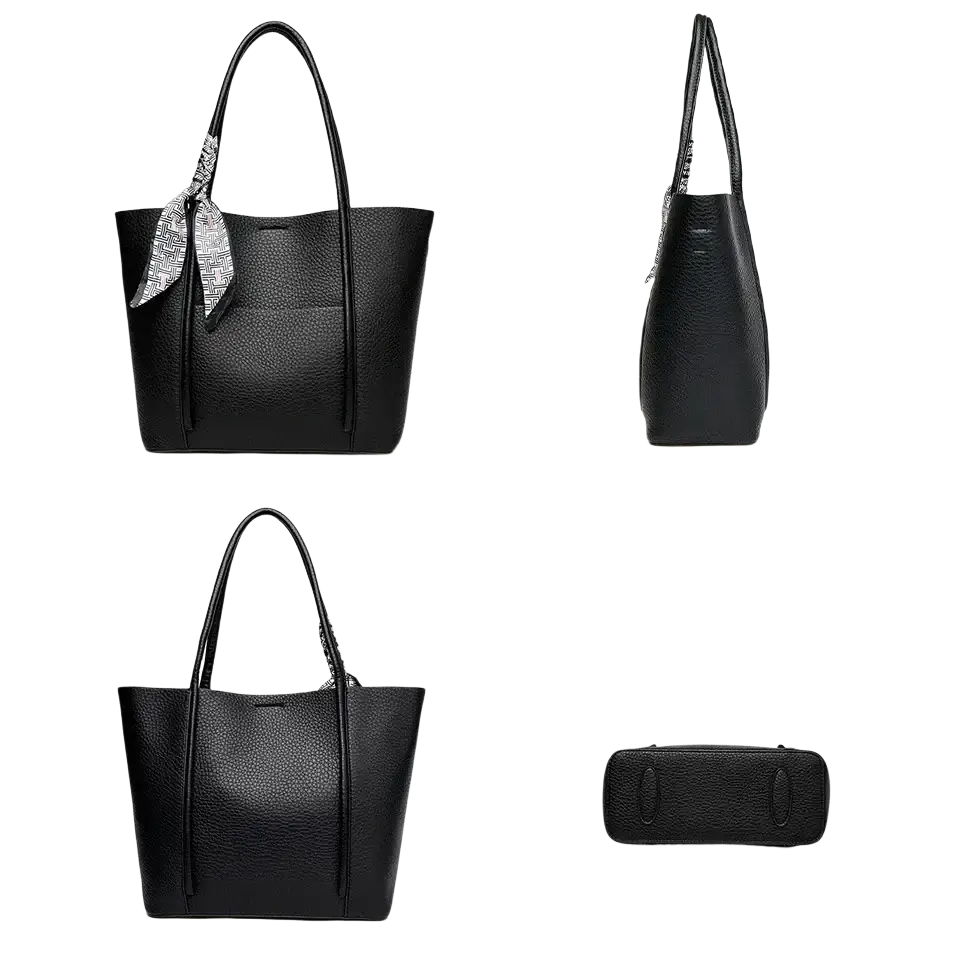 Black textured soft leather vintage shoulder bag tote with silver patterned scarf tied to handle