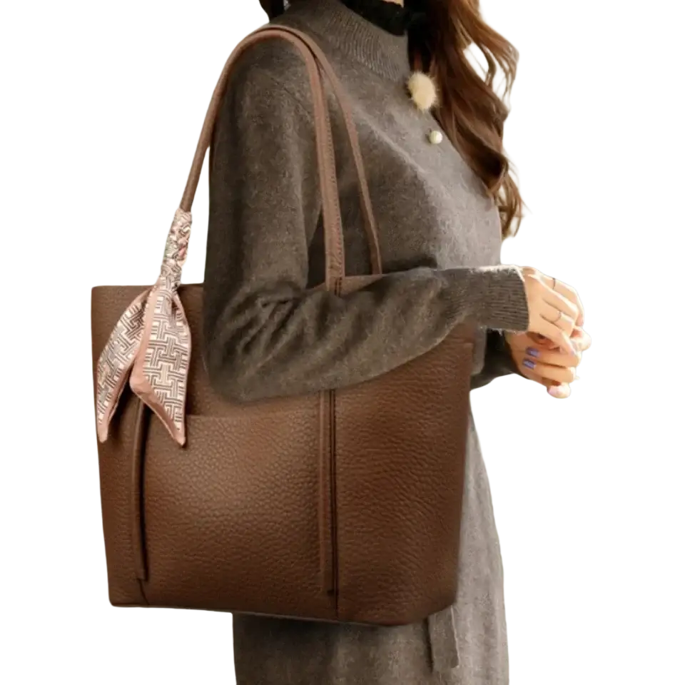 Vintage shoulder bag large soft brown pebbled leather tote with decorative pink and beige patterned scarf on handle