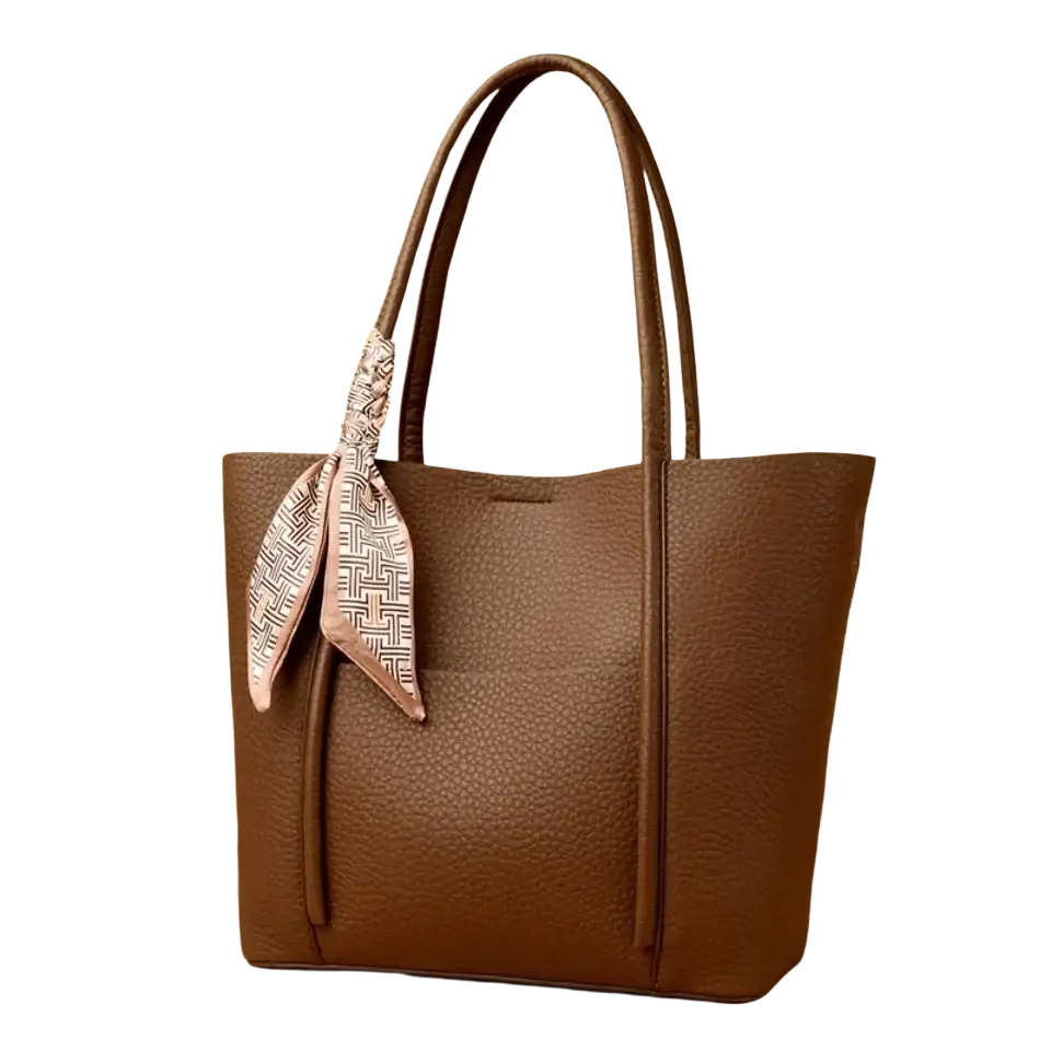 Brown pebbled leather vintage shoulder bag large soft tote with matching handles and pink white patterned scarf detail
