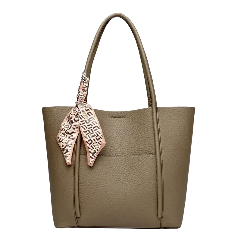 Olive green vintage shoulder bag large soft pebbled leather tote with pink and black geometric scarf on handle
