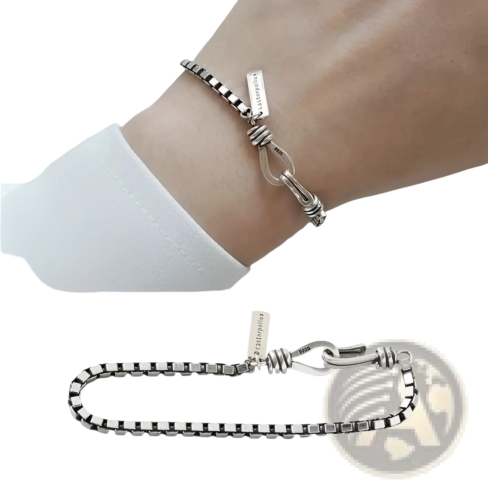 Vintage silver box chain cross bracelet with knotted clasp and castorella engraved rectangular tag charm