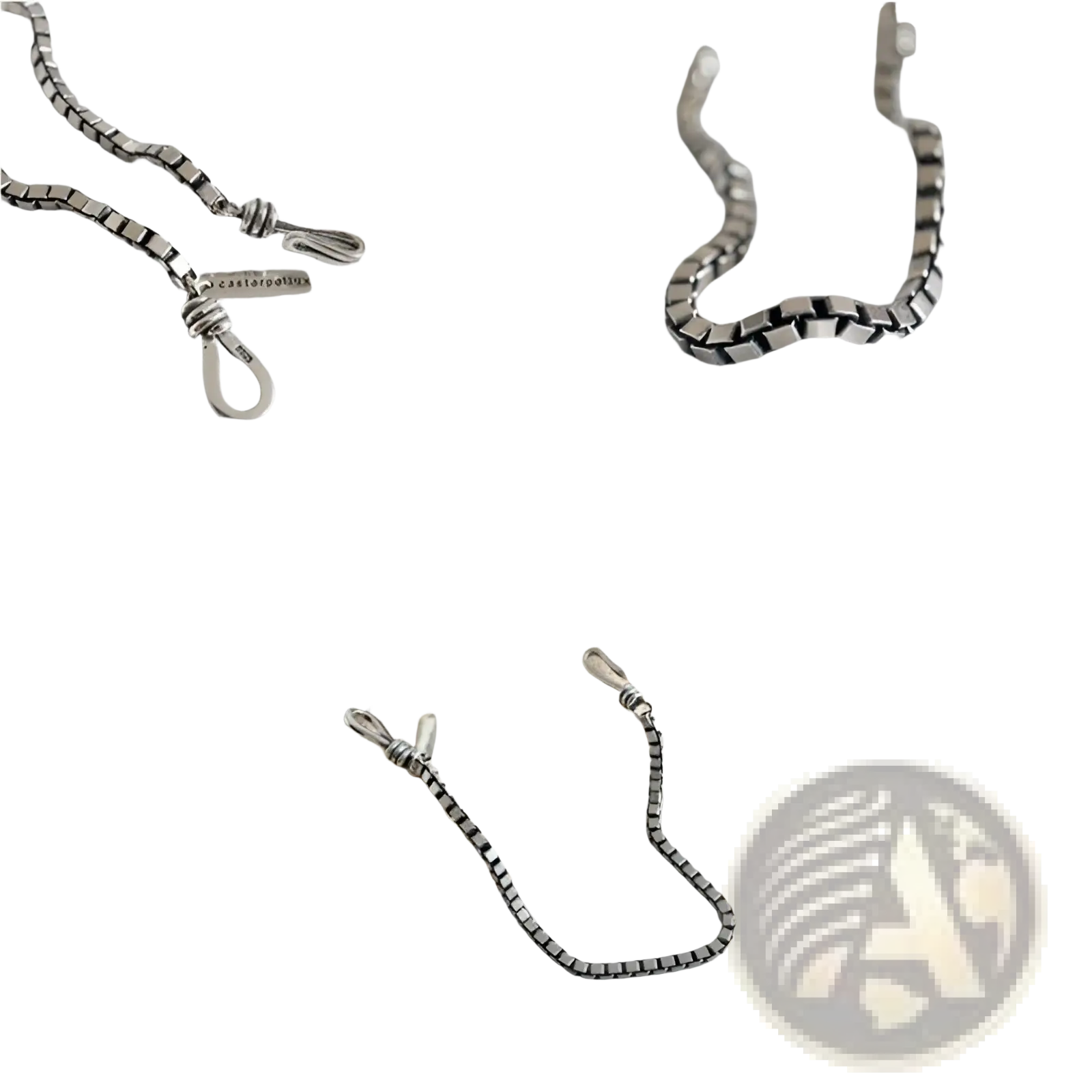 Vintage silver box chain cross bracelet featuring a silver-toned interlocking design and a small engraved tag