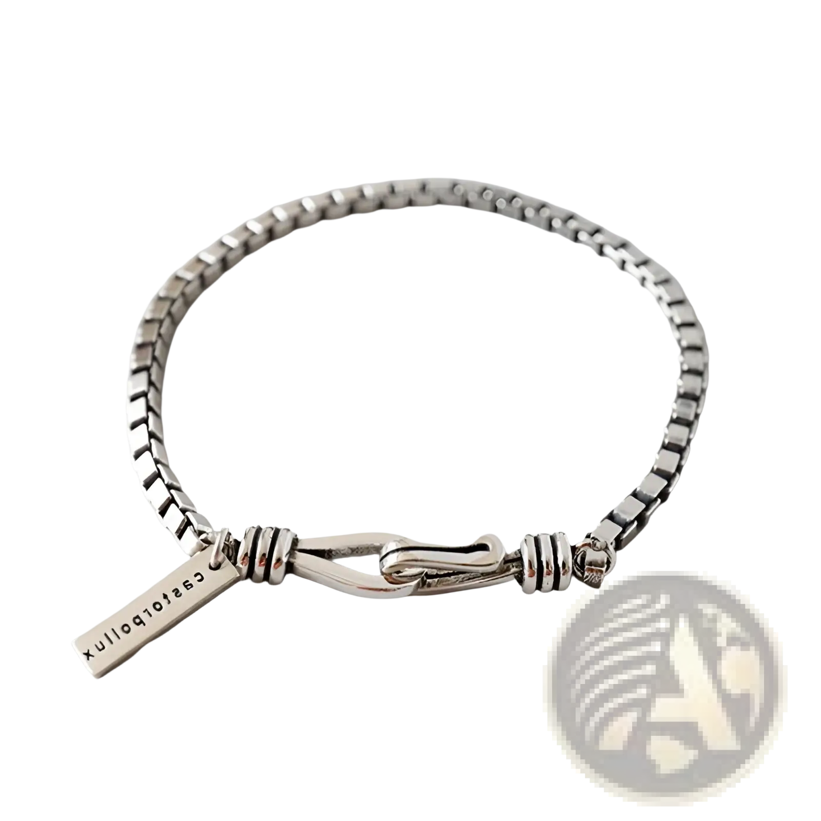 Vintage silver box chain cross bracelet with silver-toned minimalist design and engraved tag reading casa to allux