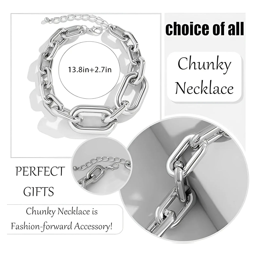 Vintage silver chunky link chain choker necklace with bold silver-toned chunky interlocking links and sleek clasp