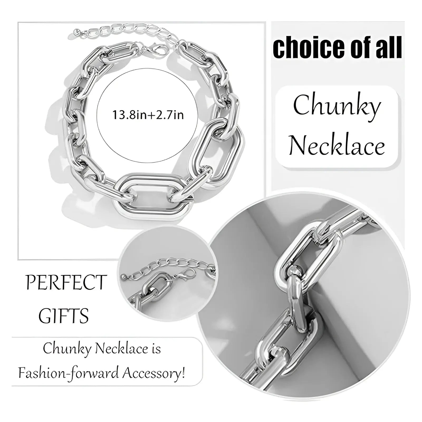 Vintage silver chunky link chain choker necklace with bold silver-toned chunky interlocking links and sleek clasp