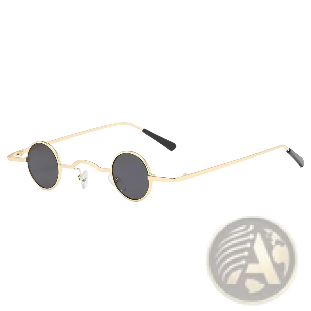 Vintage small round metal sunglasses with gold tone frame dark gray lenses black temple tips uv400 protection