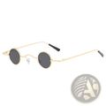 Vintage small round metal sunglasses with gold tone frame dark gray lenses black temple tips uv400 protection
