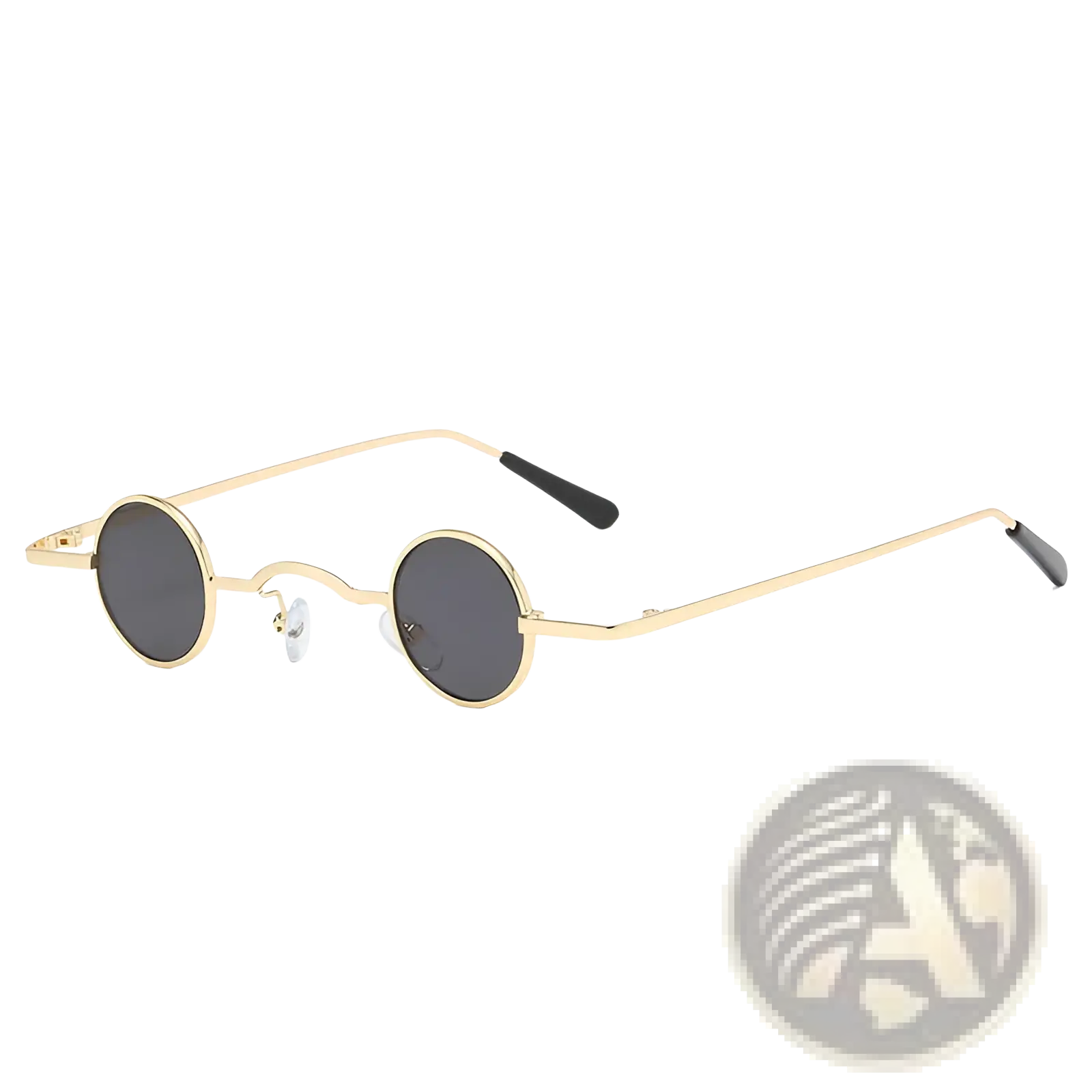 Vintage small round metal sunglasses with gold tone frame dark gray lenses black temple tips uv400 protection