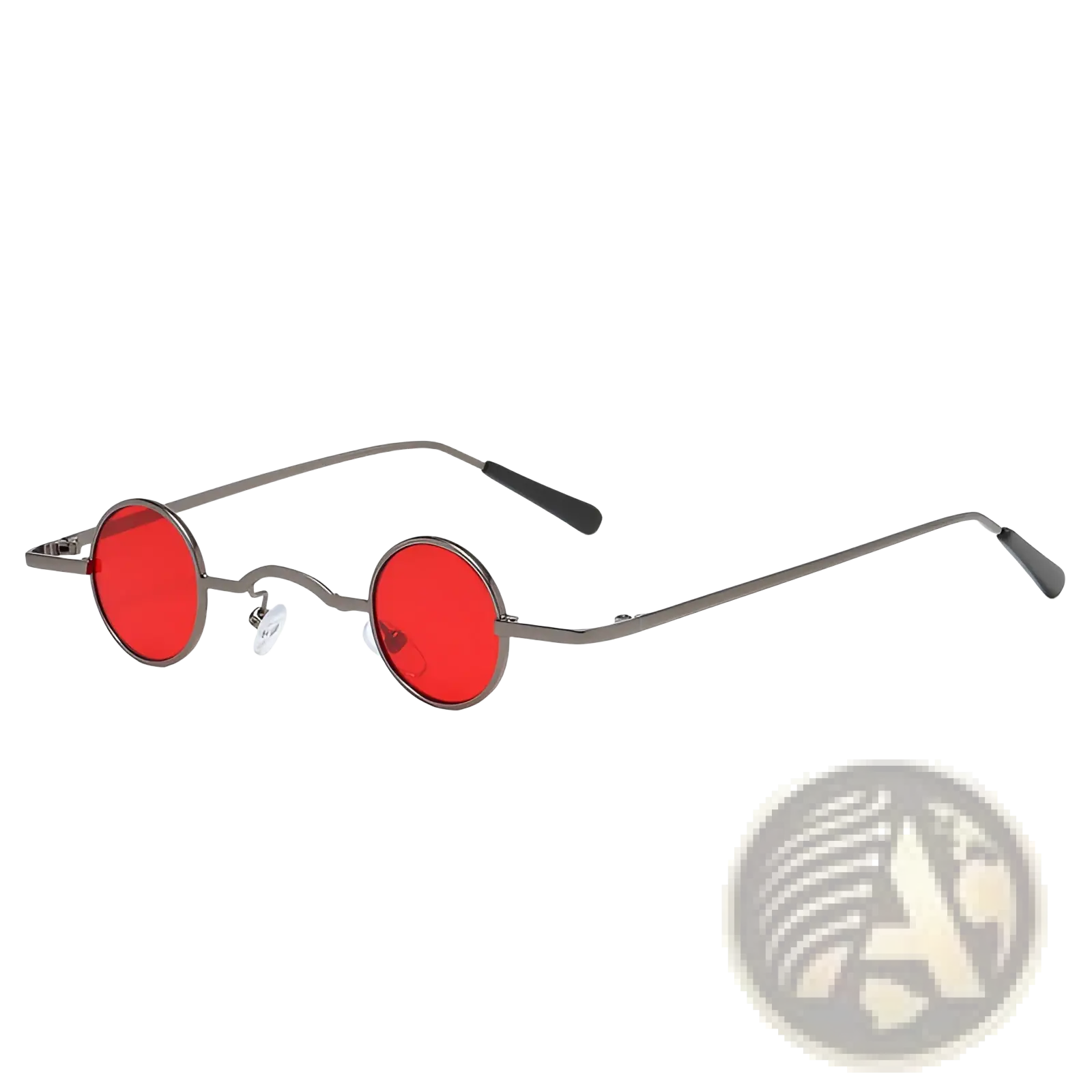 Vintage small round metal sunglasses with uv400 protection featuring red-tinted lenses and black temple tips
