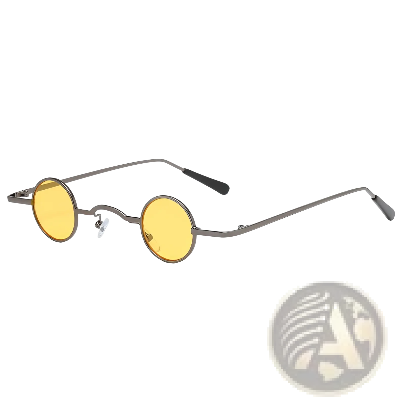 Vintage small round metal sunglasses with round yellow-tinted lenses and uv400 protection in metallic gray frame