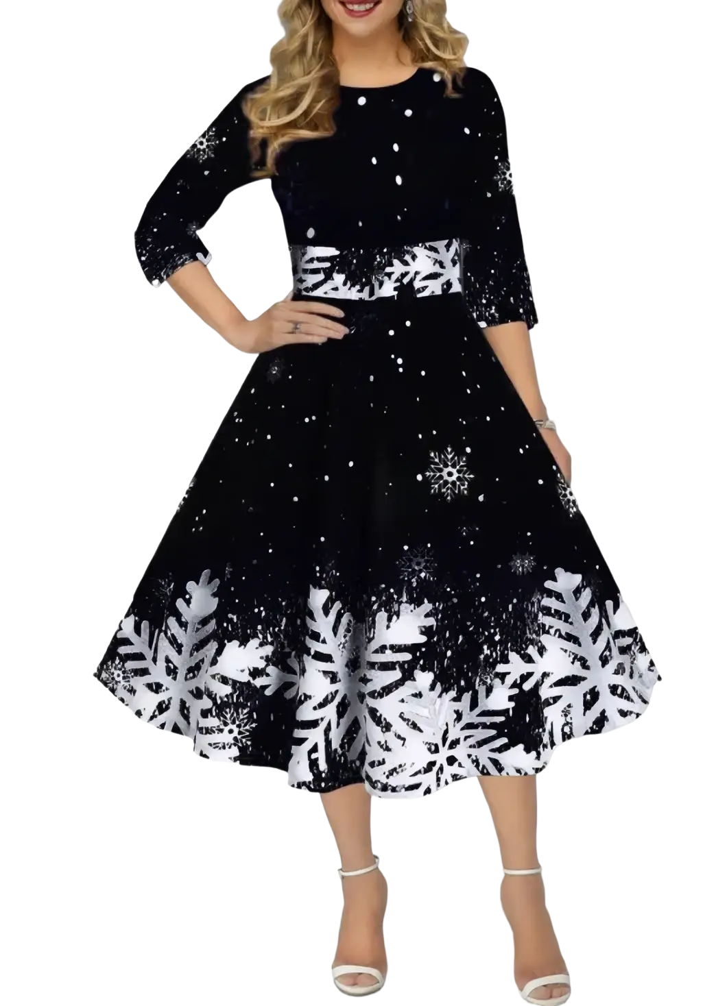 Black and white snowflake patterned velvet midi dress vintage snowflake Christmas swing dress front view