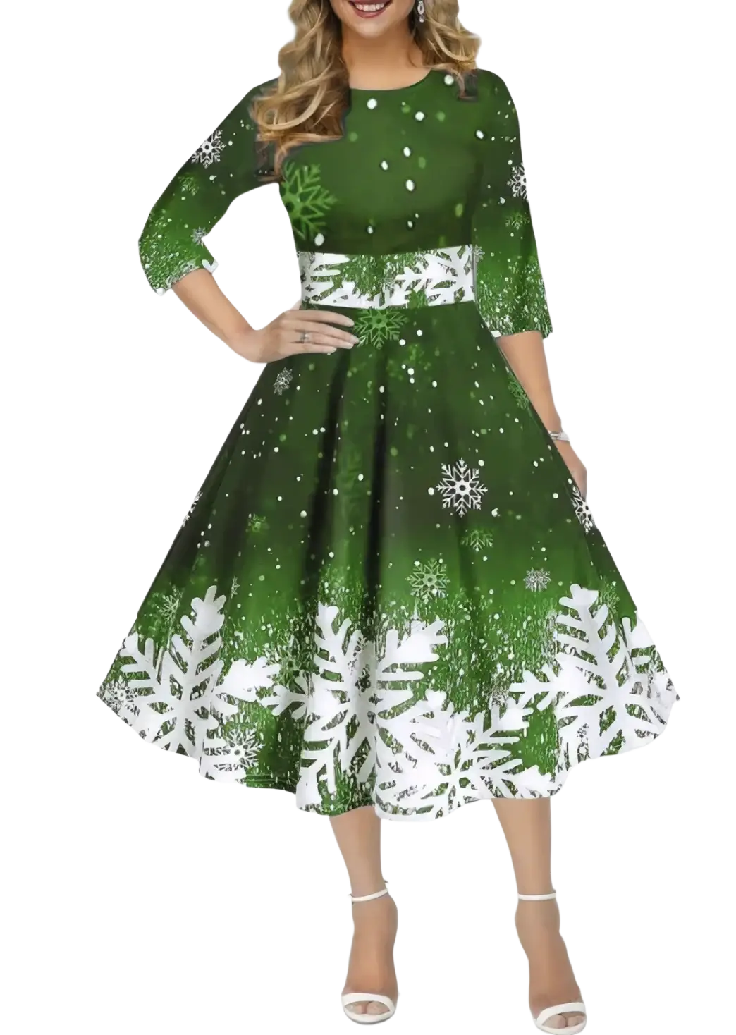 A festive green and white snowflake print midi dress with fitted bodice three-quarter sleeves and flared skirt
