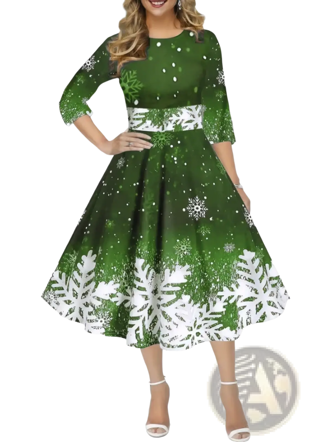 Vintage snowflake Christmas swing dress in green and white print with fitted bodice three-quarter sleeves and flared skirt