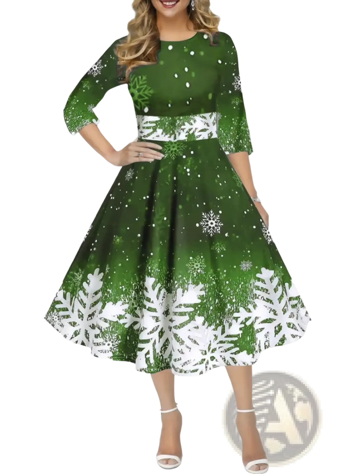 Vintage snowflake Christmas swing dress in green and white print with fitted bodice three-quarter sleeves and flared skirt