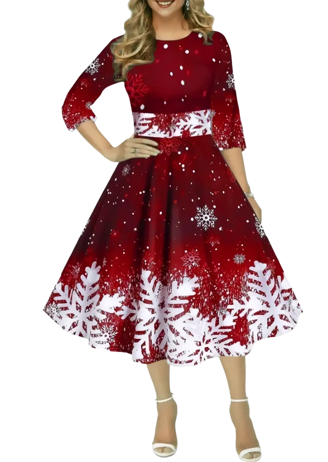 Vintage snowflake Christmas swing dress in red and white with snowflake pattern, flared skirt, three-quarter sleeves, and fitted waistband