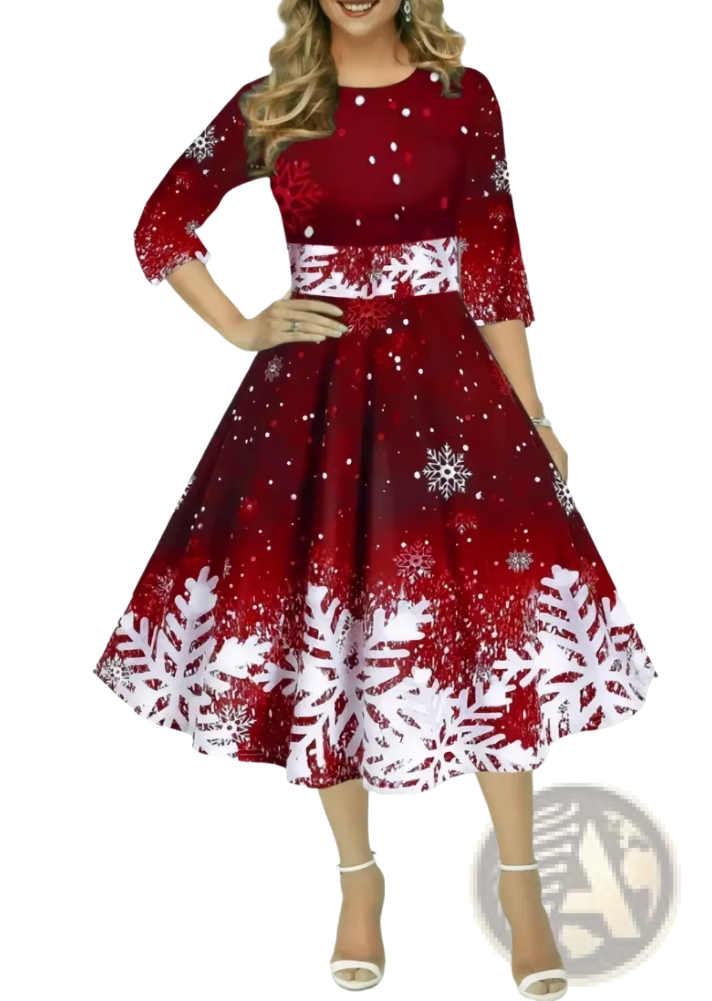 Vintage snowflake Christmas swing dress in red and white with snowflake pattern, flared skirt, three-quarter sleeves, and fitted waistband