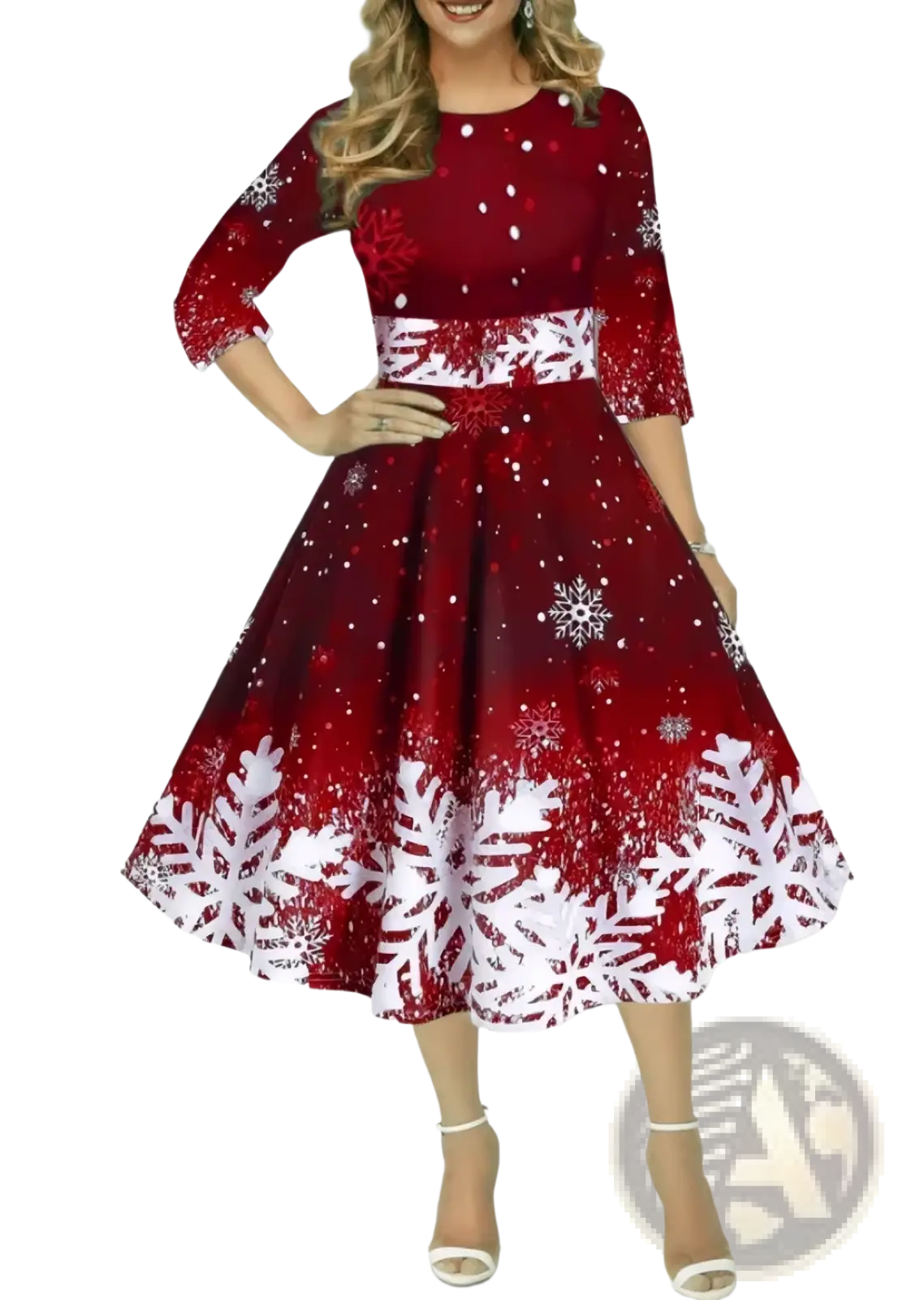Vintage snowflake Christmas swing dress in red and white with snowflake pattern, flared skirt, three-quarter sleeves, and fitted waistband
