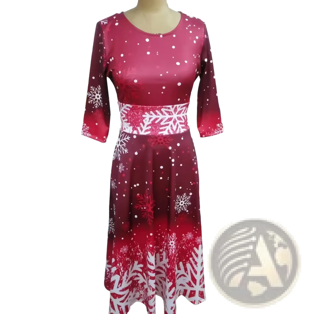 Vintage snowflake christmas swing dress featuring a festive red and white snowflake pattern with three quarter sleeves and fitted waistband