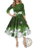 A festive green and white snowflake print midi dress with fitted bodice three-quarter sleeves and flared skirt