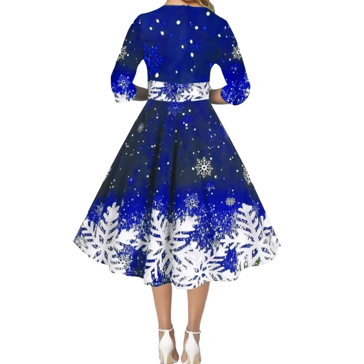 Vintage snowflake christmas swing dress in navy blue and white with fitted bodice three-quarter sleeves and flared skirt