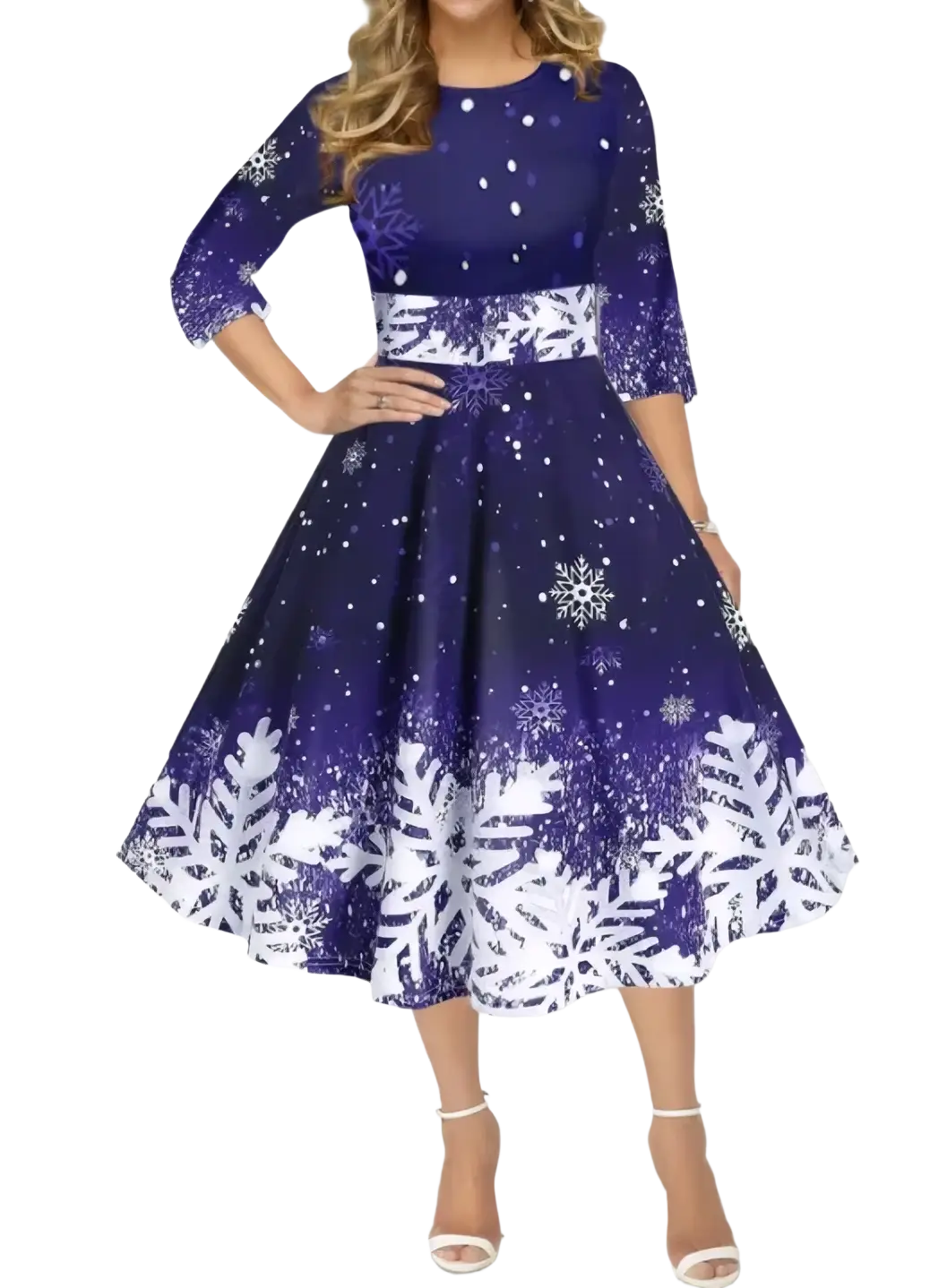 Vintage snowflake Christmas swing dress navy blue and white midi with snowflake pattern three-quarter sleeves and fitted waistband