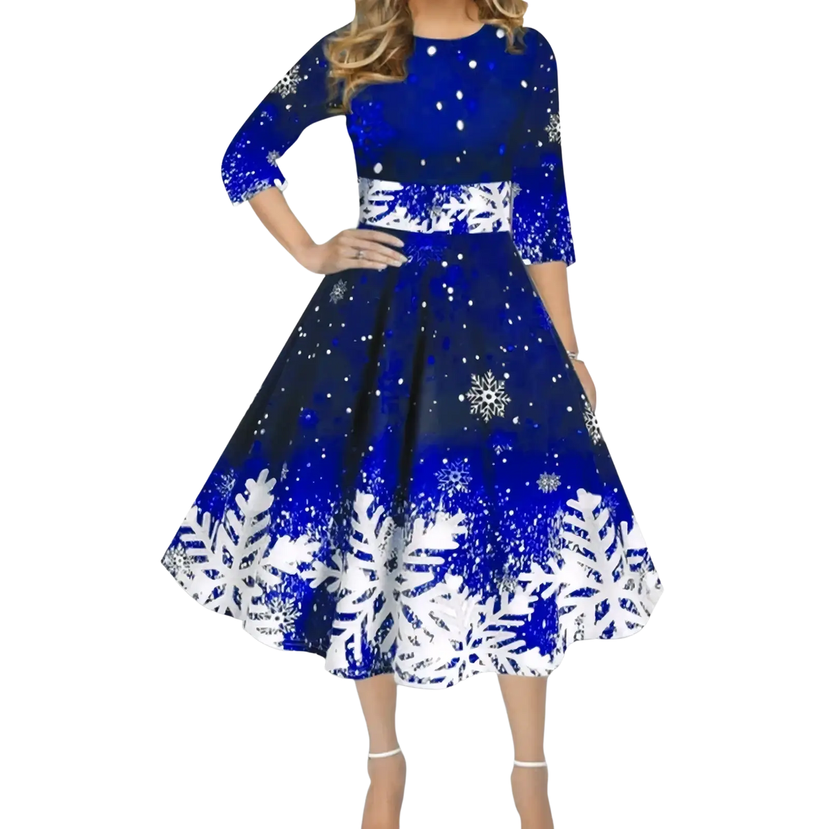 Vintage snowflake Christmas swing dress with navy blue and white pattern, three-quarter sleeves, and flared skirt