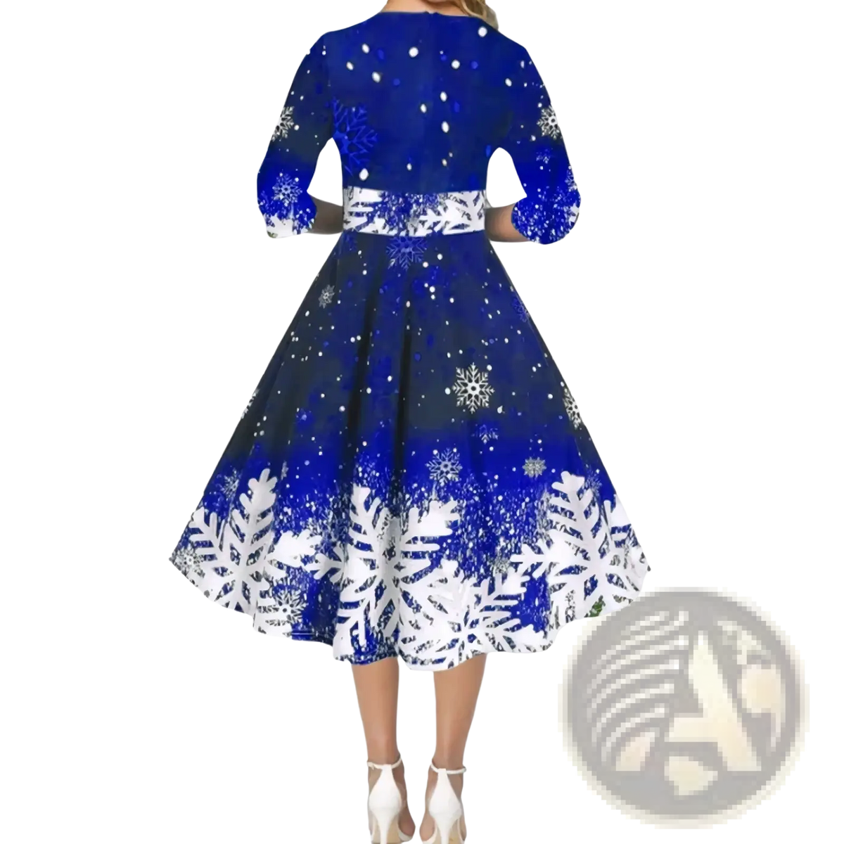 Vintage snowflake christmas swing dress in navy blue and white with fitted bodice three-quarter sleeves and flared skirt