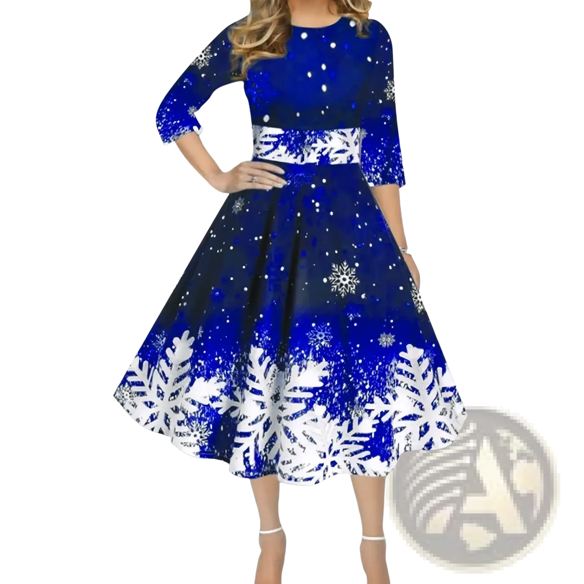 Vintage snowflake Christmas swing dress with navy blue and white pattern, three-quarter sleeves, and flared skirt