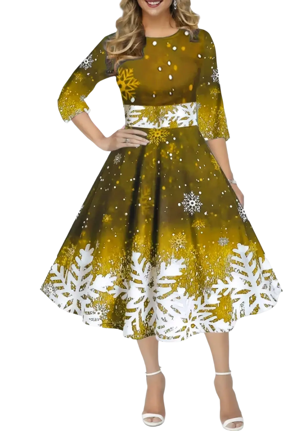 Olive green and white snowflake print midi swing dress with three quarter sleeves for vintage Christmas wear