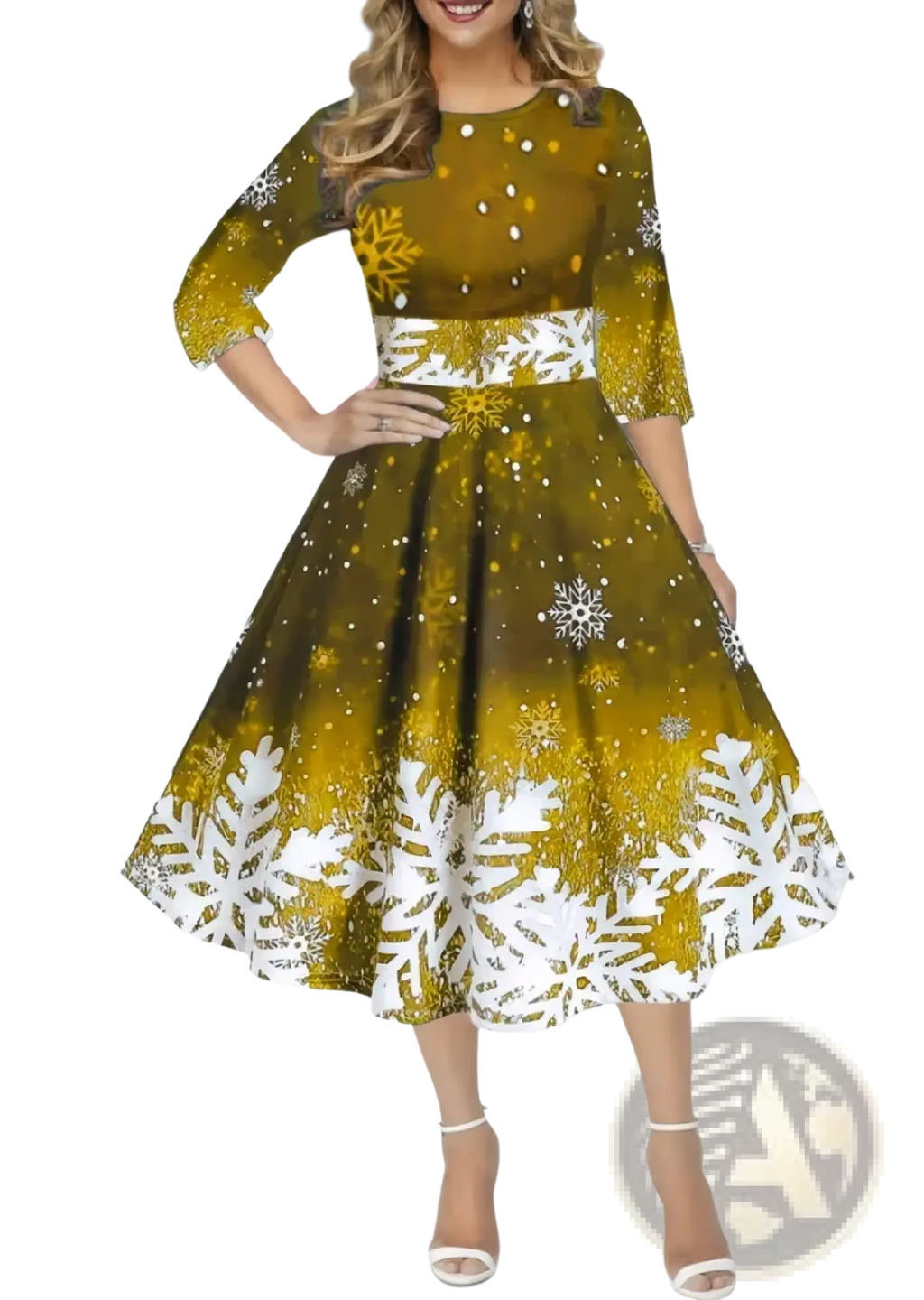 Olive green and white snowflake print midi swing dress with three quarter sleeves for vintage Christmas wear