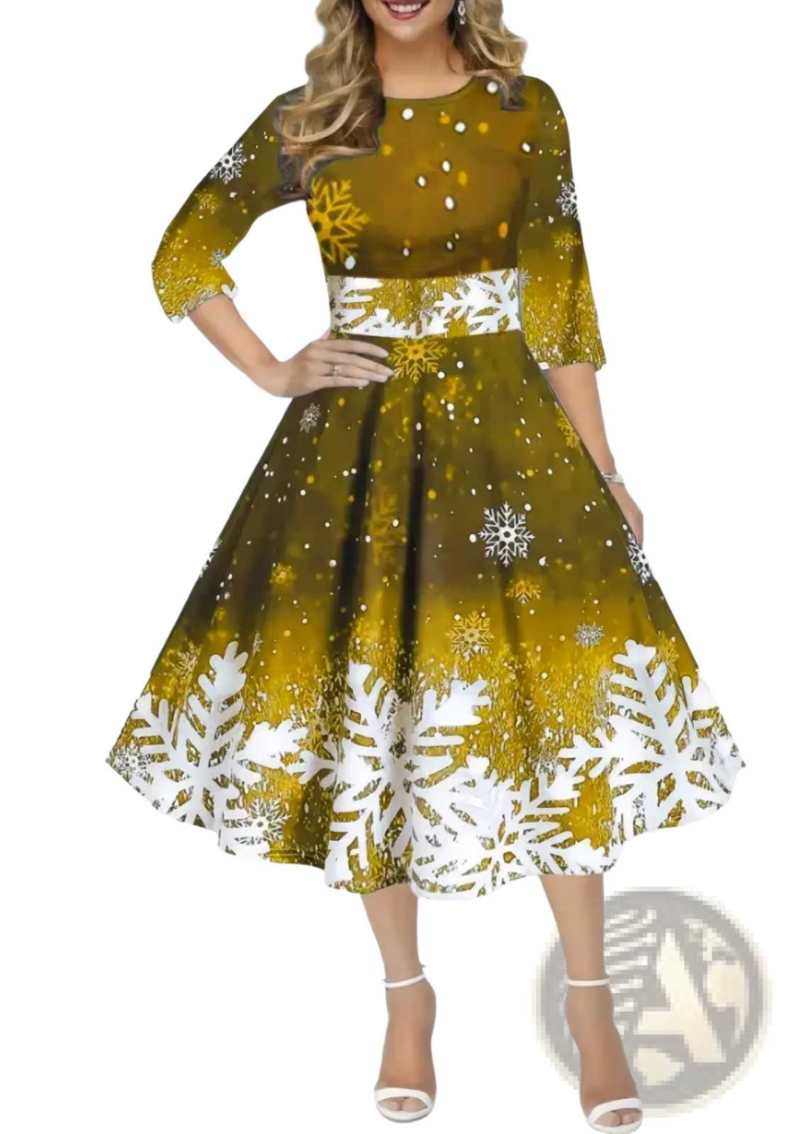 Olive green and white snowflake print midi swing dress with three quarter sleeves for vintage Christmas wear